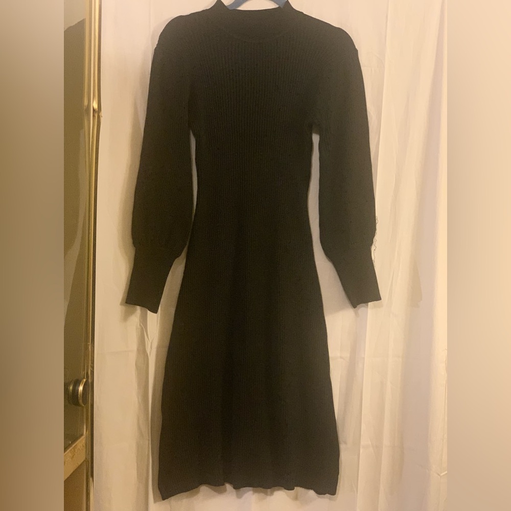Black Long Sleeve Rib Knit Mock Neck Sweater Dress